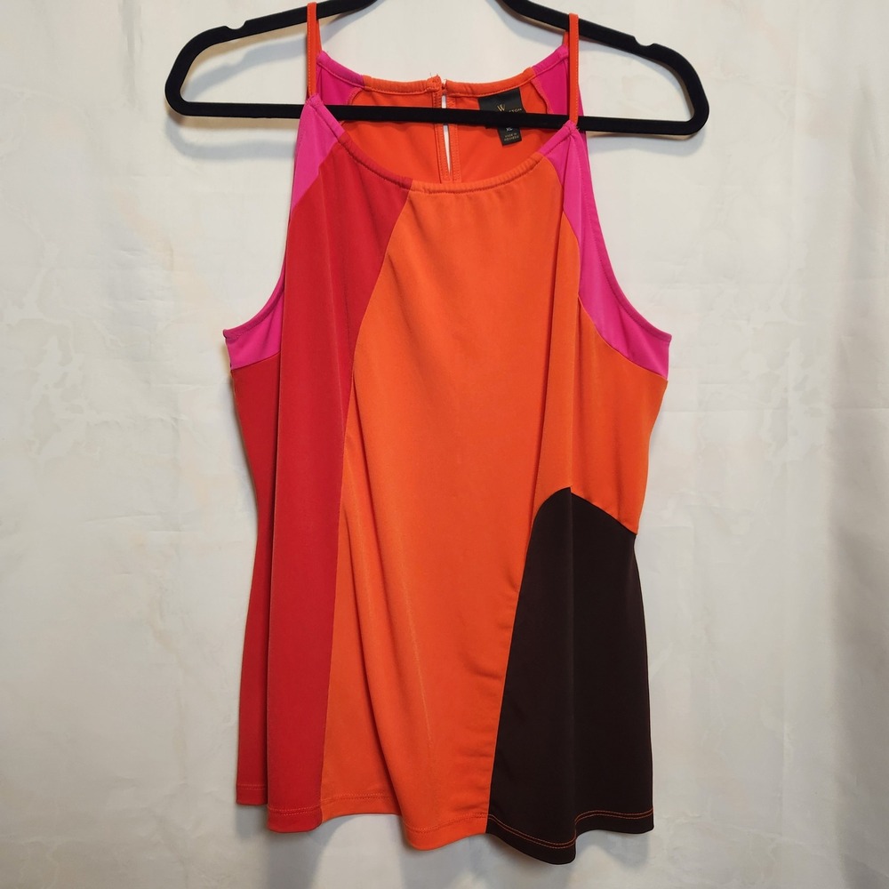 Worthington Sleeveless Blouse Women's XL Orange/Red Colorblock Halter Top‎ Tank